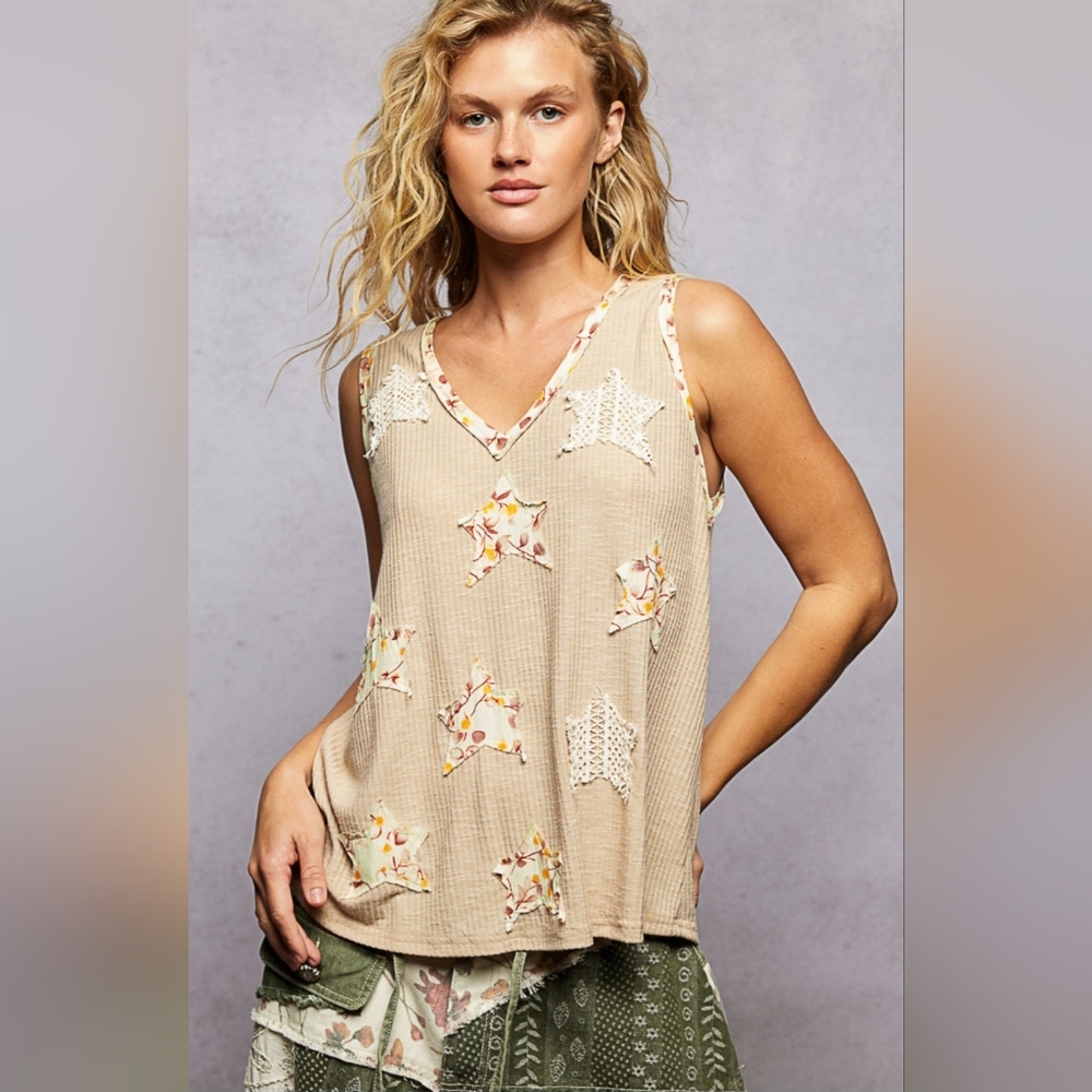 #1192 POL Whispered Star Floral Patch Boho Tank